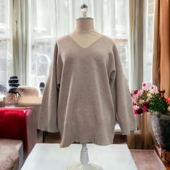 Aritzia Wilfred Free Beige Cream Souvenir Oversized V-Neck Sweater Ribbed Small - Picture 4 of 12